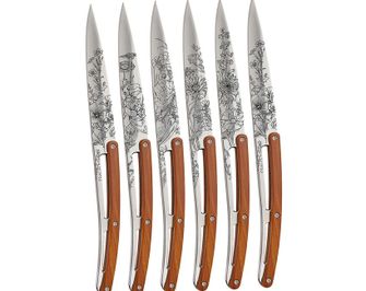 Deejo Tattoo set 6 steak knives glossy surface coralwood design blossom