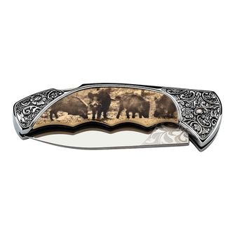Herbertz pocket knife 8.2cm, plastic with floral fittings, wild boar motif